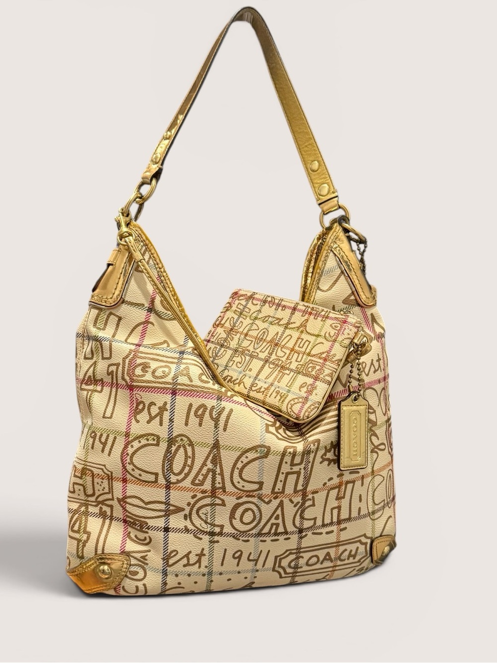 Coach Y2K Heritage Stripe Tattersall Graffiti Logo Hobo w Matching Pouch F13309